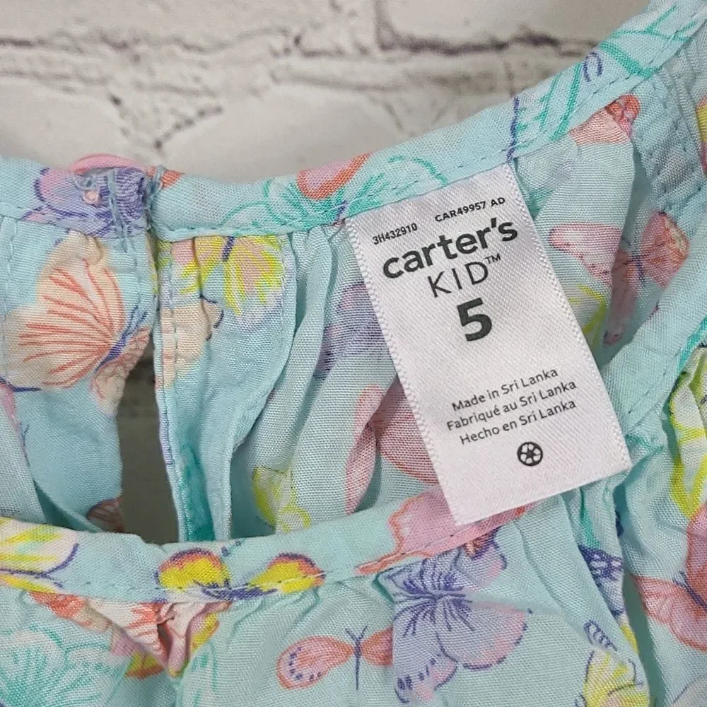 Carter's Blue Butterfly Print Top Pom Flutter Sleeve Shirt Pastel Aqua Blouse